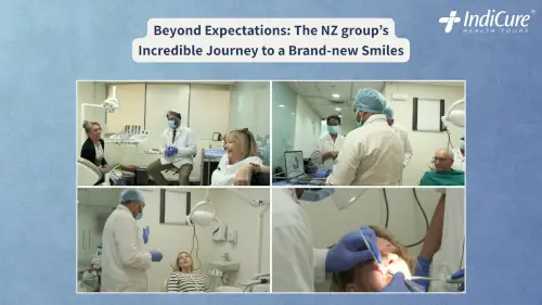 A vibrant collage capturing the journey to a new smile. Images show New Zealand patients sharing lighthearted laughs with their dentists during consultations and undergoing professional dental care with a sense of ease and excitement